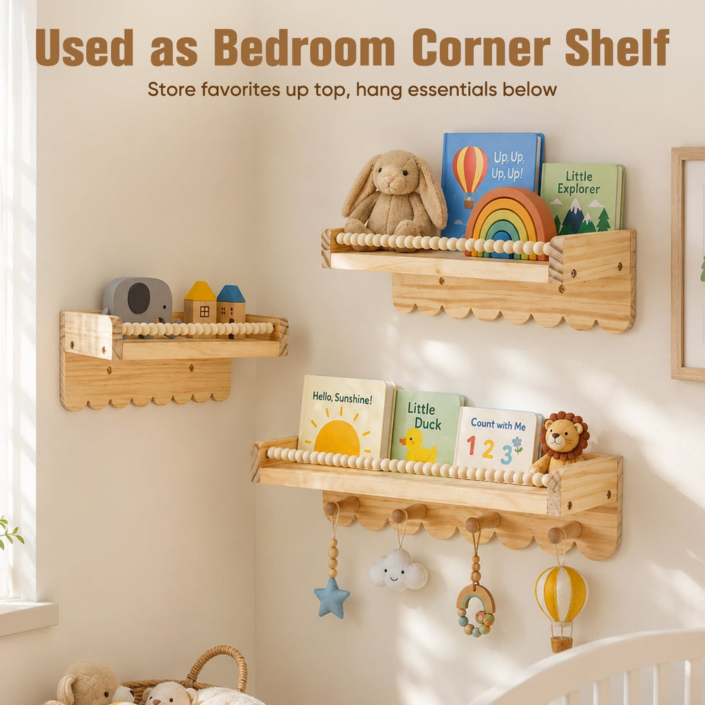 Doulami Nursery Bookshelf, Set of 3 Pine Wall Shelves with Hooks for Kids Room Gift, Nursery Book and Toy Storage, Neutral Nursery Decor