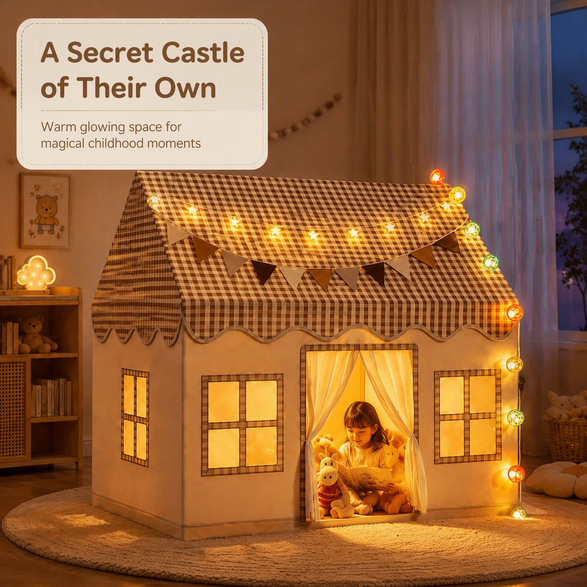 Kids Play Tent Indoor with Brown Checkered Roof - Cottage House Tent for Kids with Mat, Rainbow Bunting & Carry Bag, Indoor Playhouse for Girls Boys, Birthday Gift