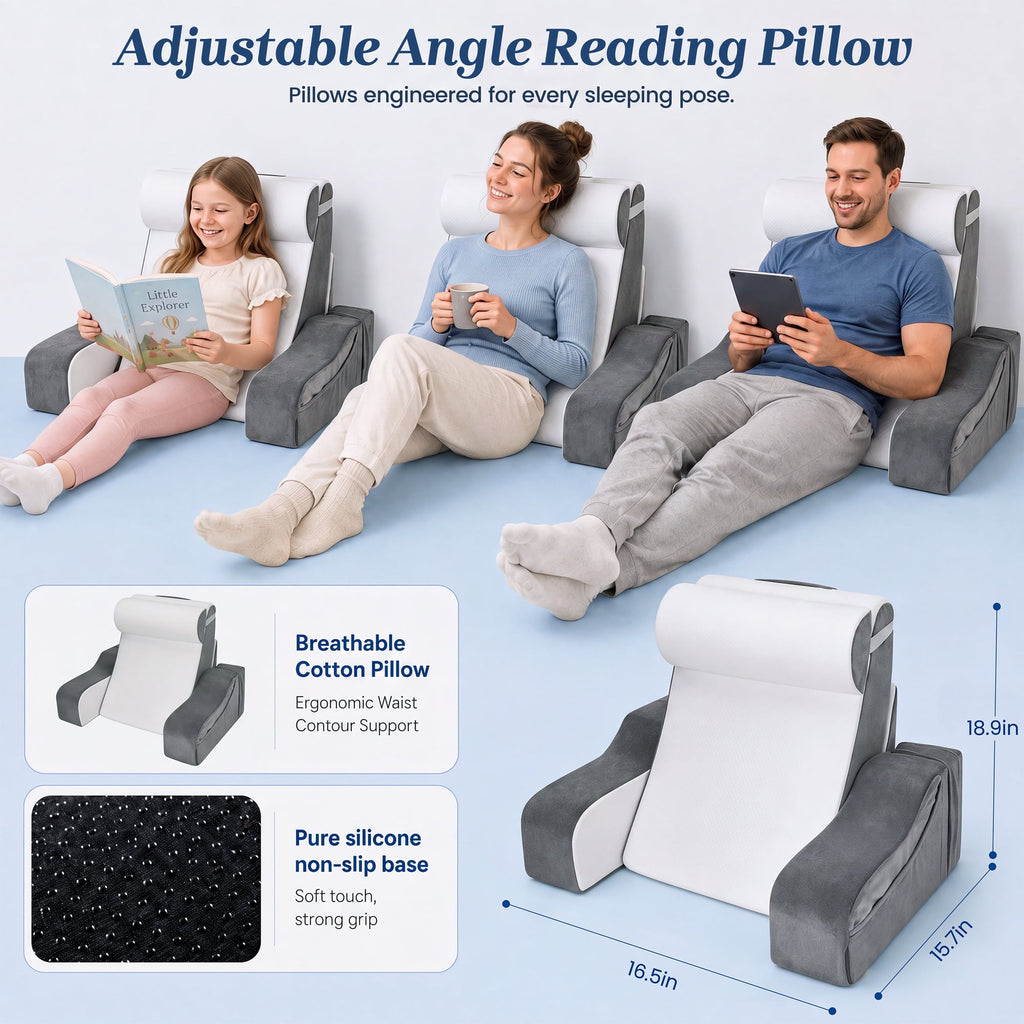 AMTPM Reading Pillow for Bed with Detachable Armrests, 2-in-1 Wedge Reading Pillow, 20°-55° Adjustable Headrest & Independent Lumbar Support Bed Reading Pillow for TV, Books, Nursing