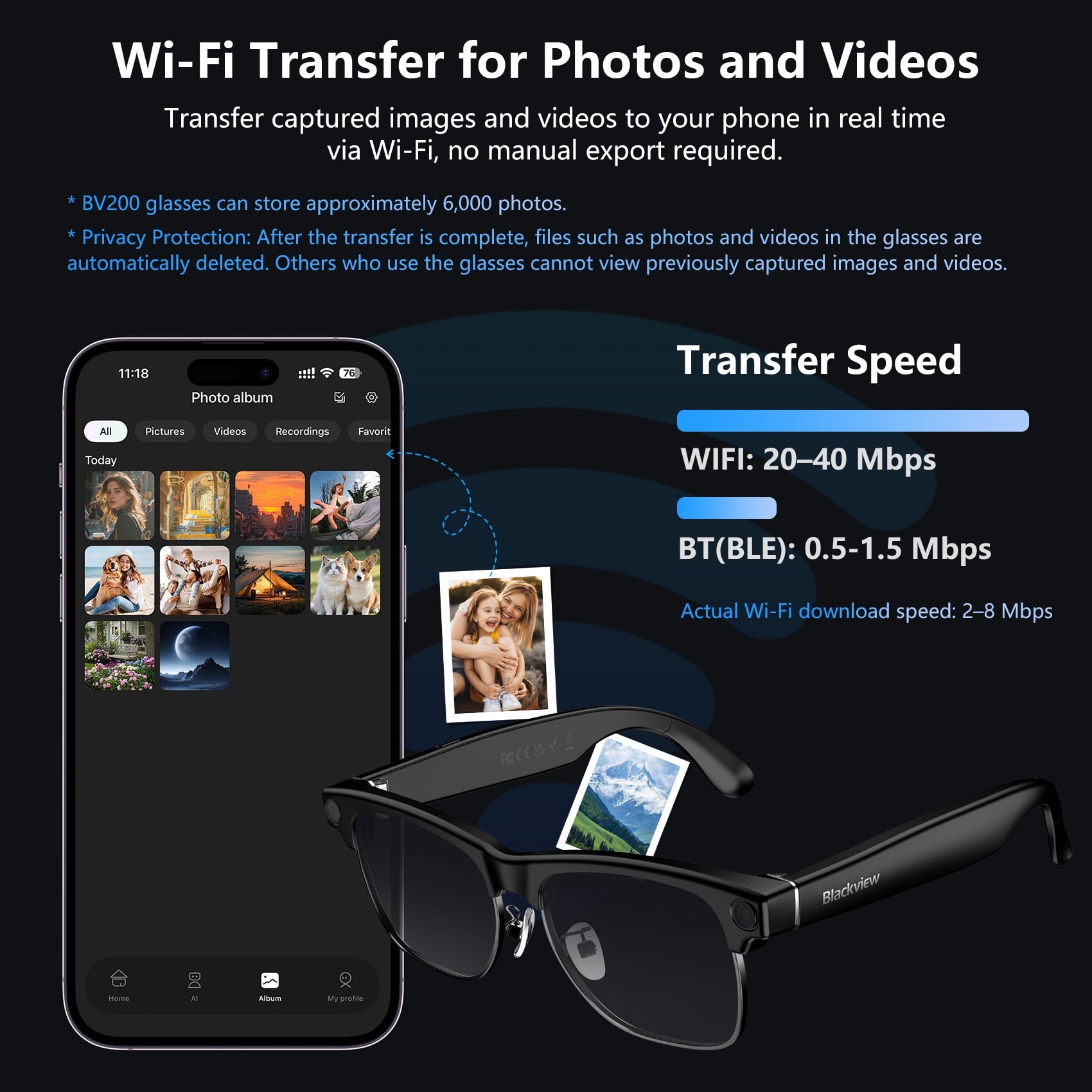 BLACKVIEW AI Camera Smart Sunglasses for Travel and Driving, 1200P Video Recording, Real-Time Translation, Open-Ear Audio, Polarized Lens