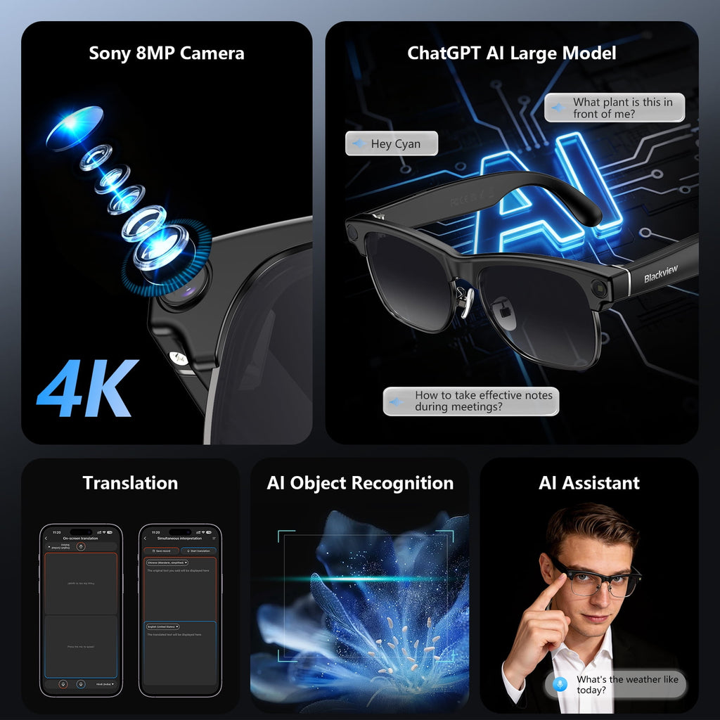 BLACKVIEW AI Camera Smart Sunglasses for Travel and Driving, 1200P Video Recording, Real-Time Translation, Open-Ear Audio, Polarized Lens