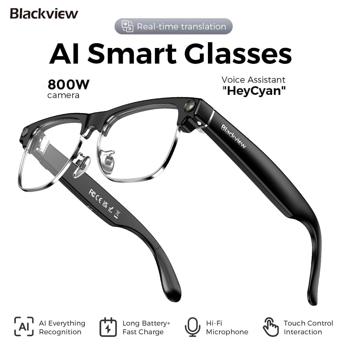 Blackview AI Smart Glasses with Camera, 1080P HD Video & Photo Capture, Real-Time Translation, Recording Glasses with AI Assistant for Women & Men, Open-Ear Audio for Travel (Photochromic)