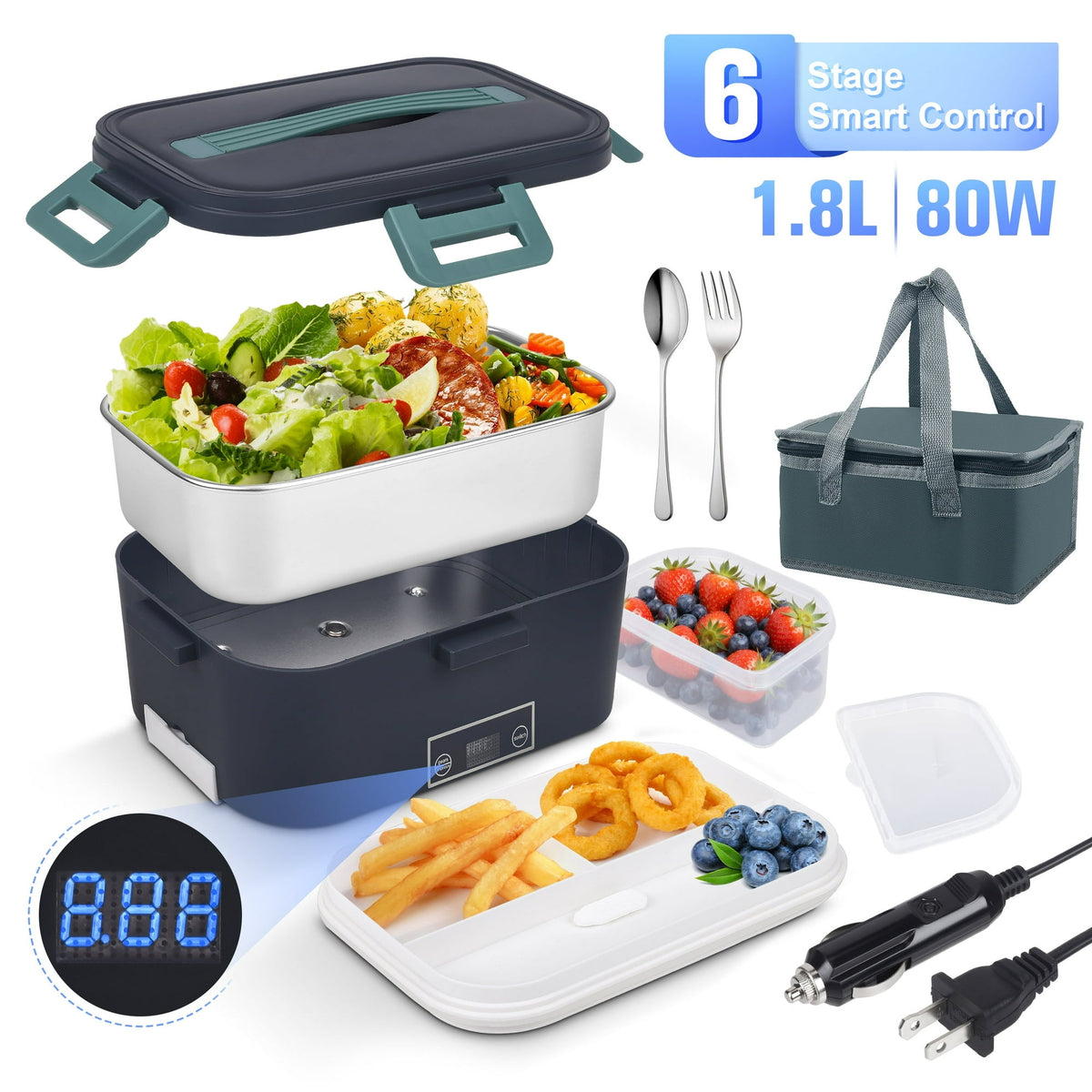 Doulami Electric Lunch Box Heated Lunch Box Portable Food Warmer1.8L Food Box for Adults 12V/24V/110 Heating Box for Car Truck Outdoor