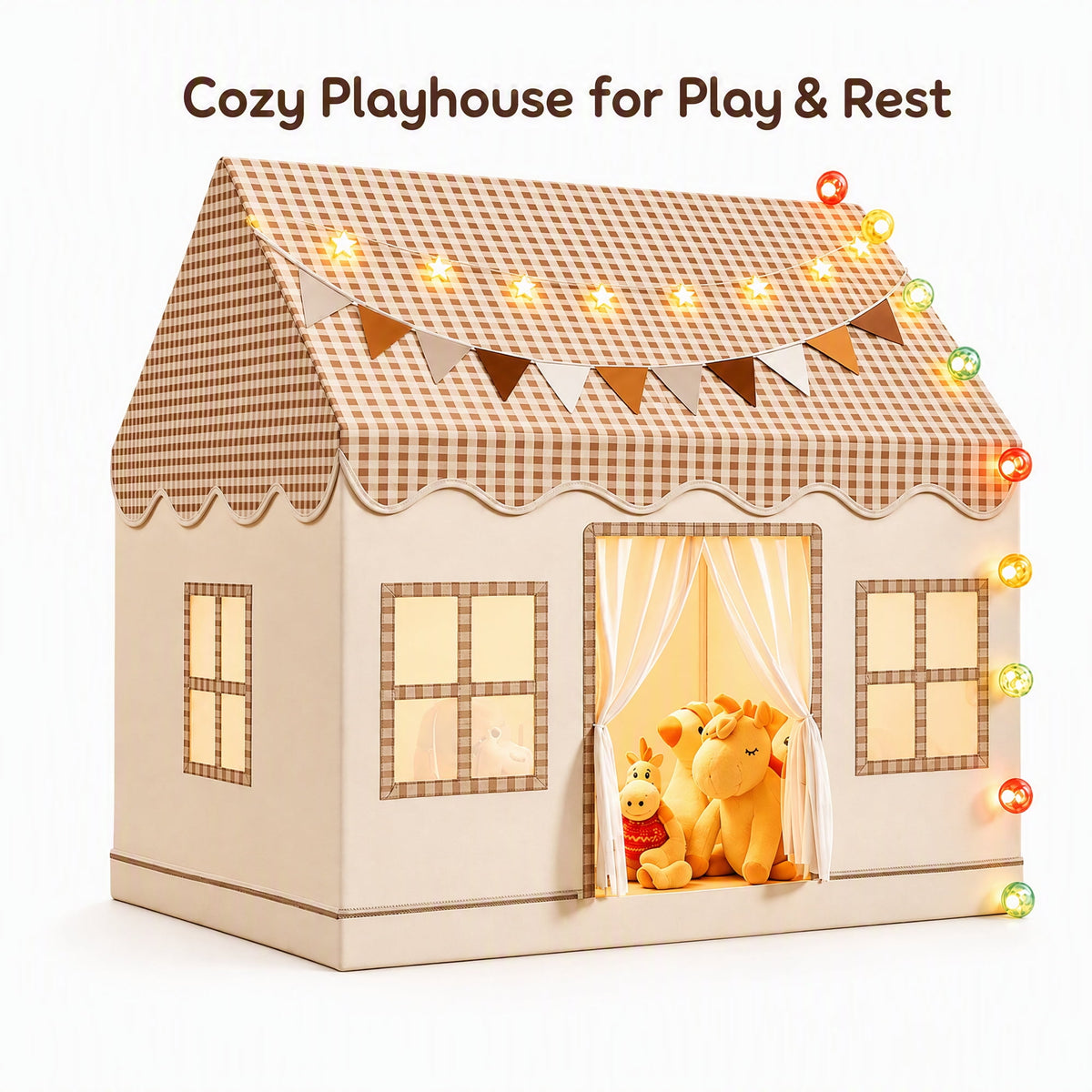 Kids Play Tent Indoor with Brown Checkered Roof - Cottage House Tent for Kids with Mat, Rainbow Bunting & Carry Bag, Indoor Playhouse for Girls Boys, Birthday Gift