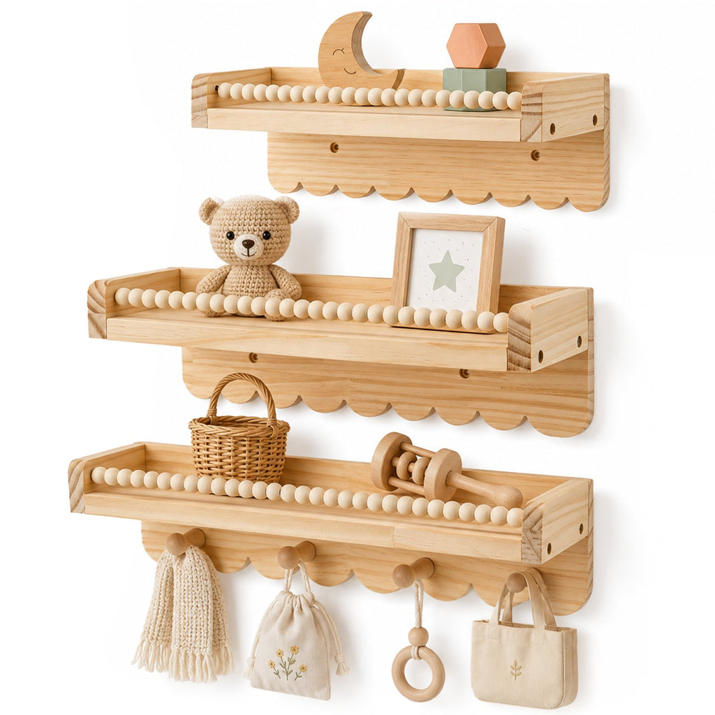 Doulami Nursery Bookshelf, Set of 3 Pine Wall Shelves with Hooks for Kids Room Gift, Nursery Book and Toy Storage, Neutral Nursery Decor