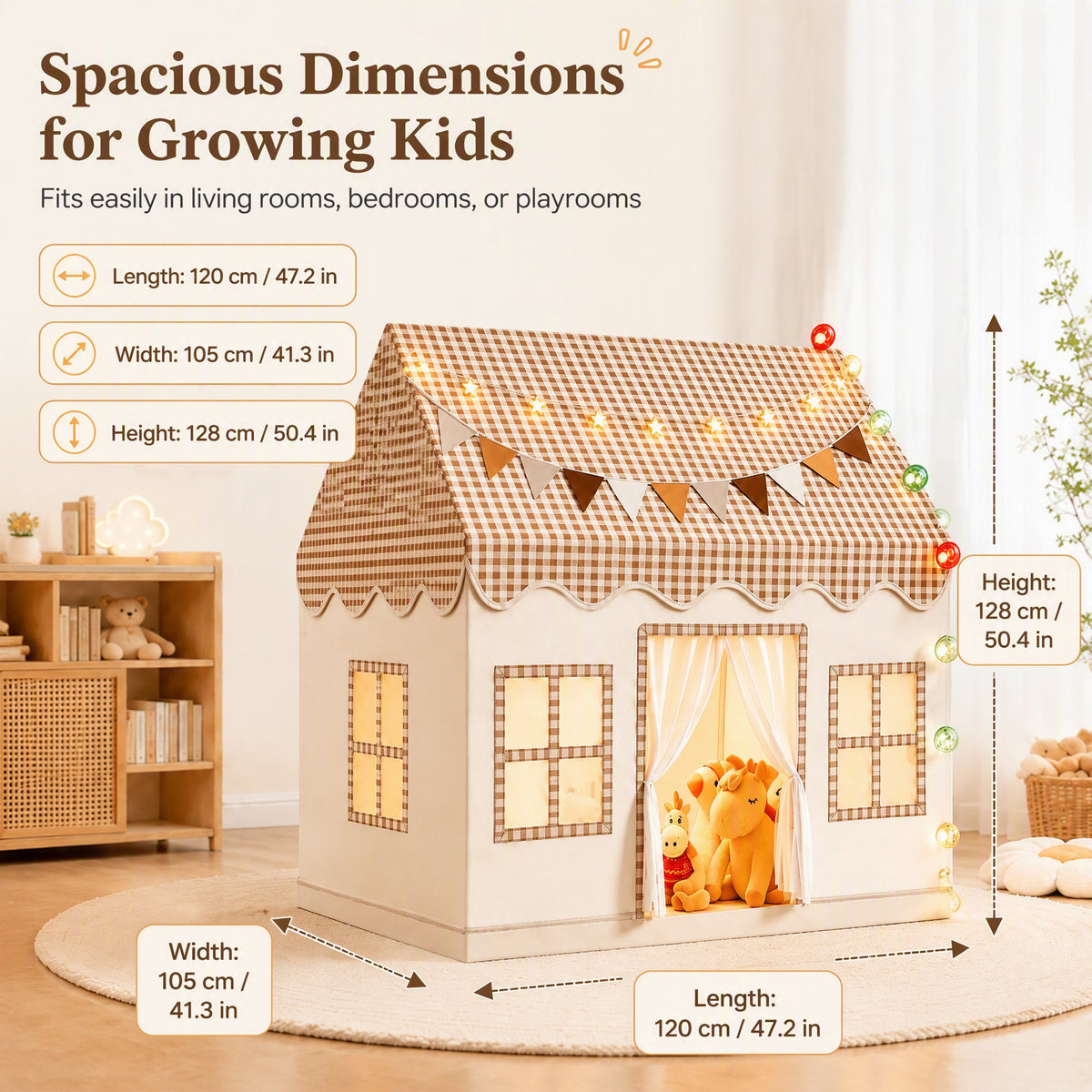Kids Play Tent Indoor with Brown Checkered Roof - Cottage House Tent for Kids with Mat, Rainbow Bunting & Carry Bag, Indoor Playhouse for Girls Boys, Birthday Gift
